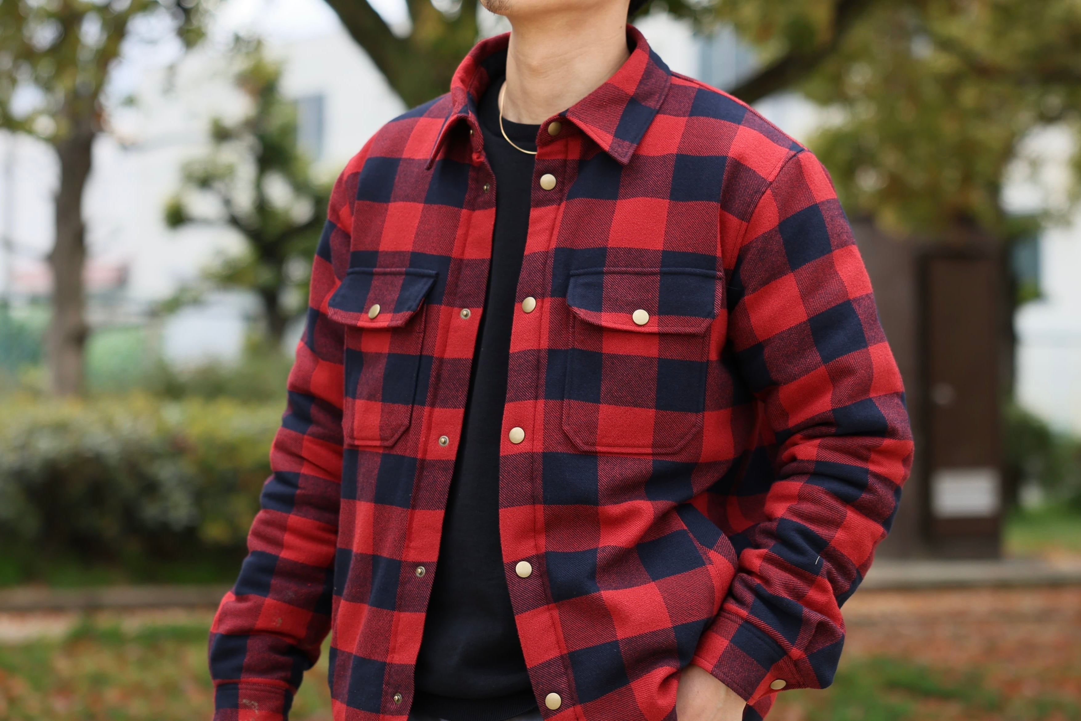 "Patterned" outerwear that adults can wear "Filled check shirt JKT"